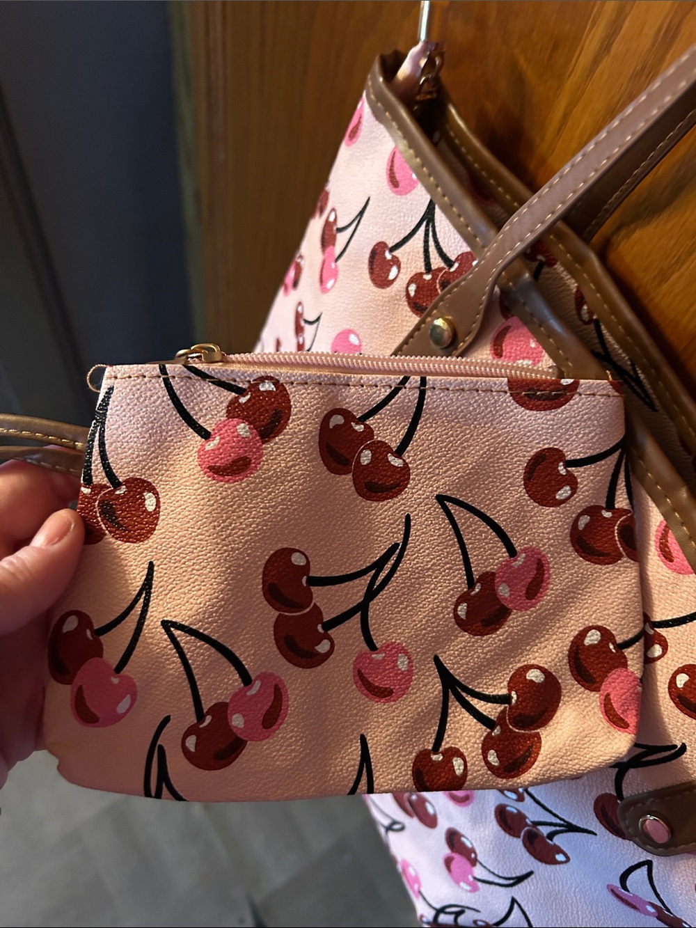 Pink Cherry-Print Tote with Brown Handles - Picture 3 of 4